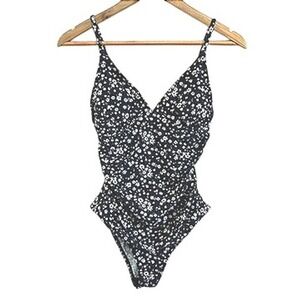 Floral Print‎ One Piece Swimsuit Women's Ruched Black White - Beach Pool